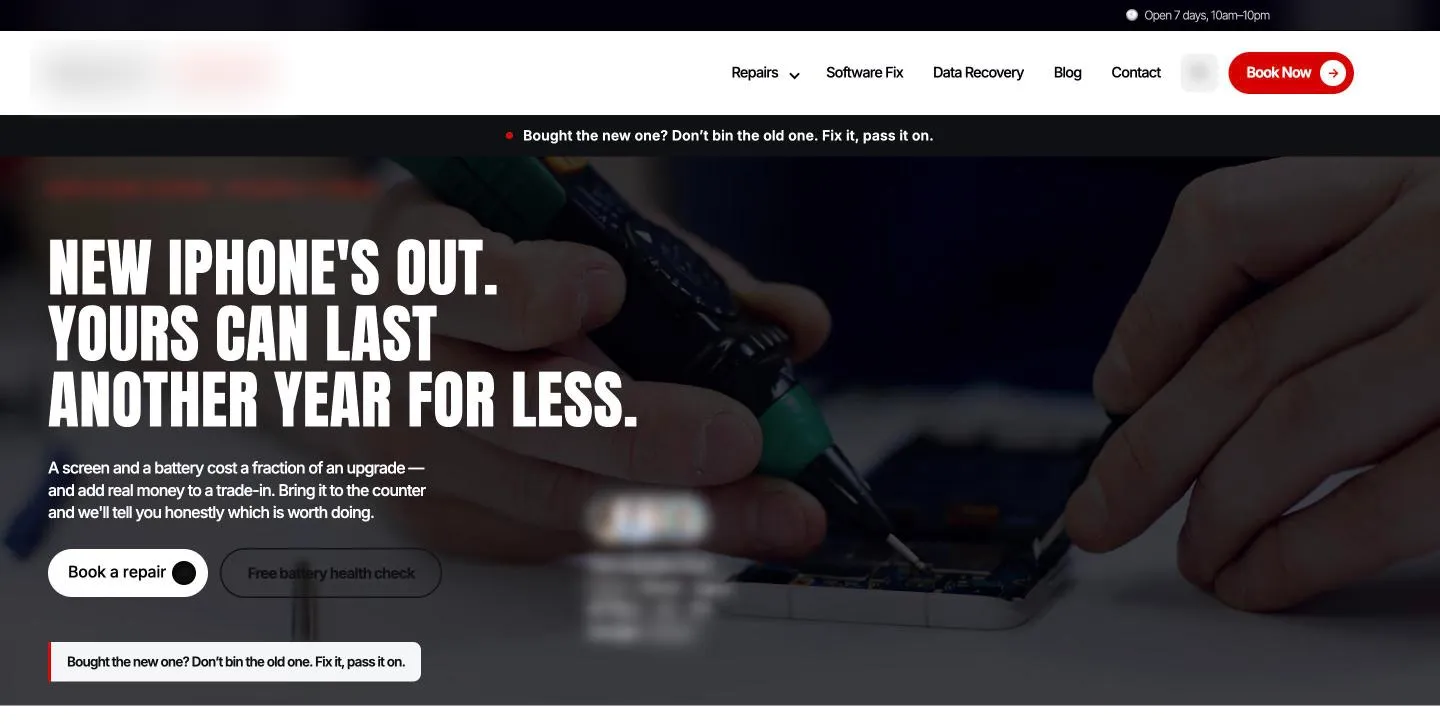 Central London repair counter: website preview with client identity blurred